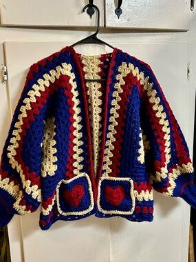 Handmade Crochet Cardigan Jacket in Royal Blue, Cream & Red